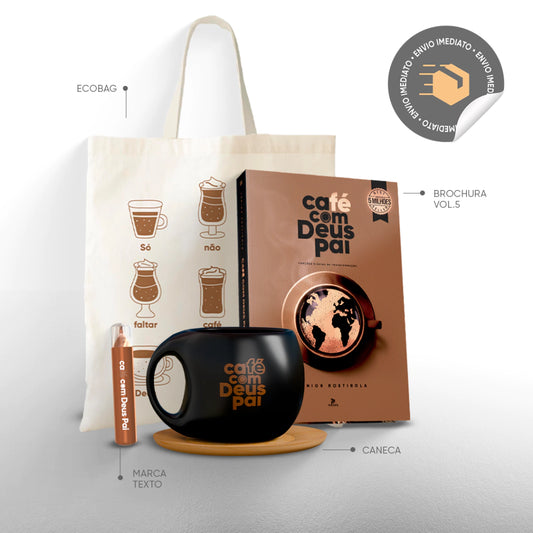 Café com Deus Pai Vol.5 (brochura) + caneca + ecobag + marca-texto (Presente)